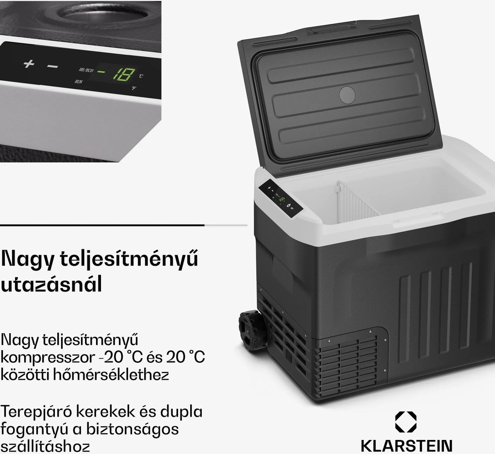 Klarstein PolarForce 37 l kompresszoros hűtődoboz, LCD panel, világítás, off-road, akkumulátorvédelem, 12V/230V