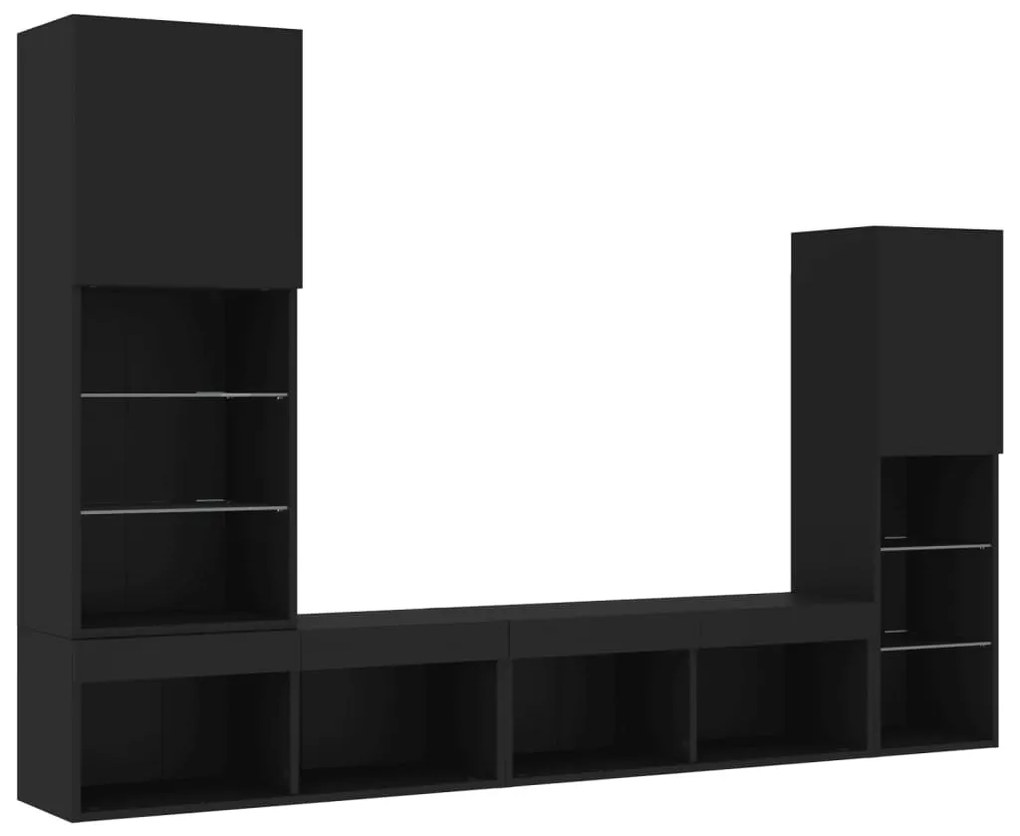4 darab fekete szerelt fa fali TV-bútor LED-del