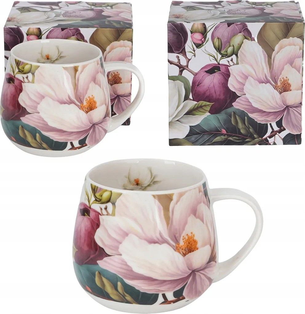 Bögre hordó alakú 430ml porcelán magnóliák virágok ajándék elegáns dobozban