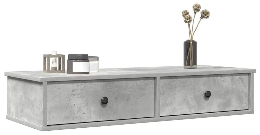 betonszürke szerelt fa falipolc fiókokkal 100 x 37,5 x 19 cm
