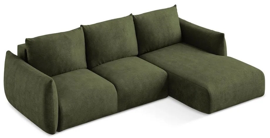Zöld zsenília kinyitható sarokkanapé (jobb oldali-heverő résszel) Leila – Makamii