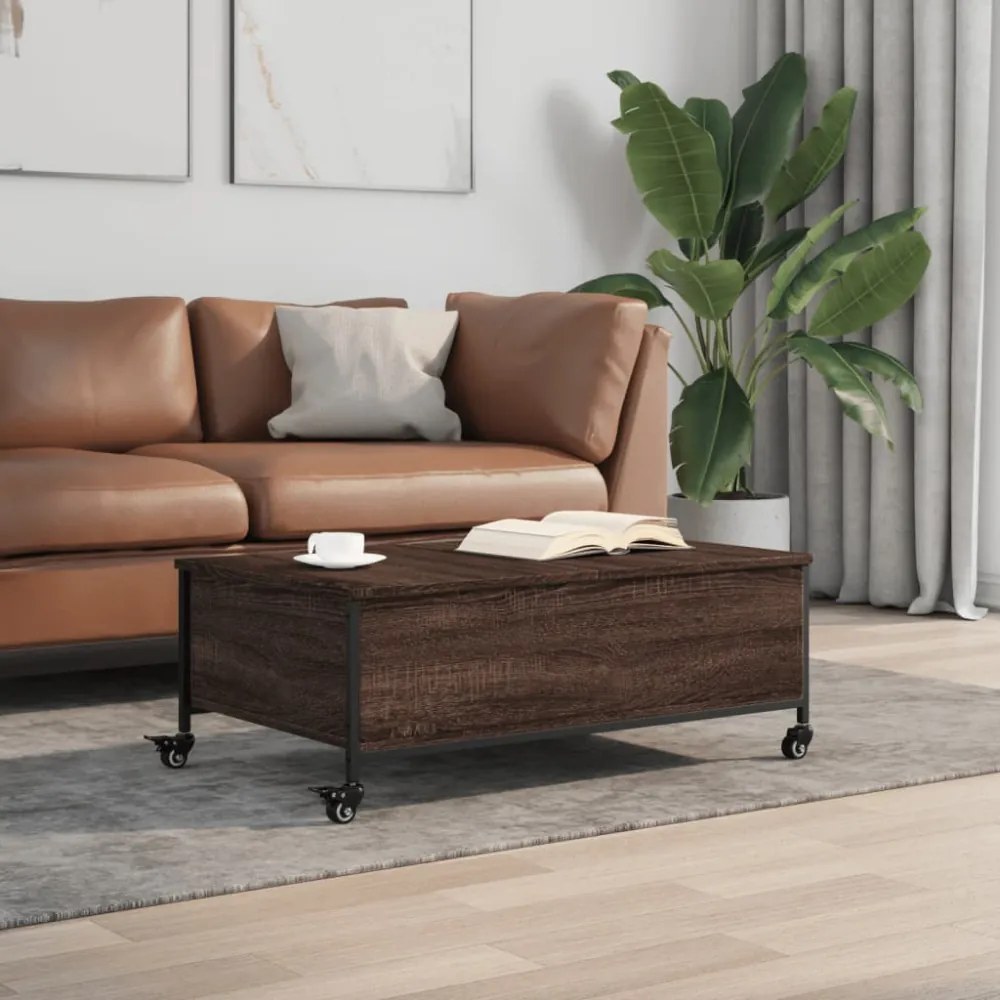 barna tölgy szerelt fa dohányzóasztal kerekekkel 91x55x34 cm