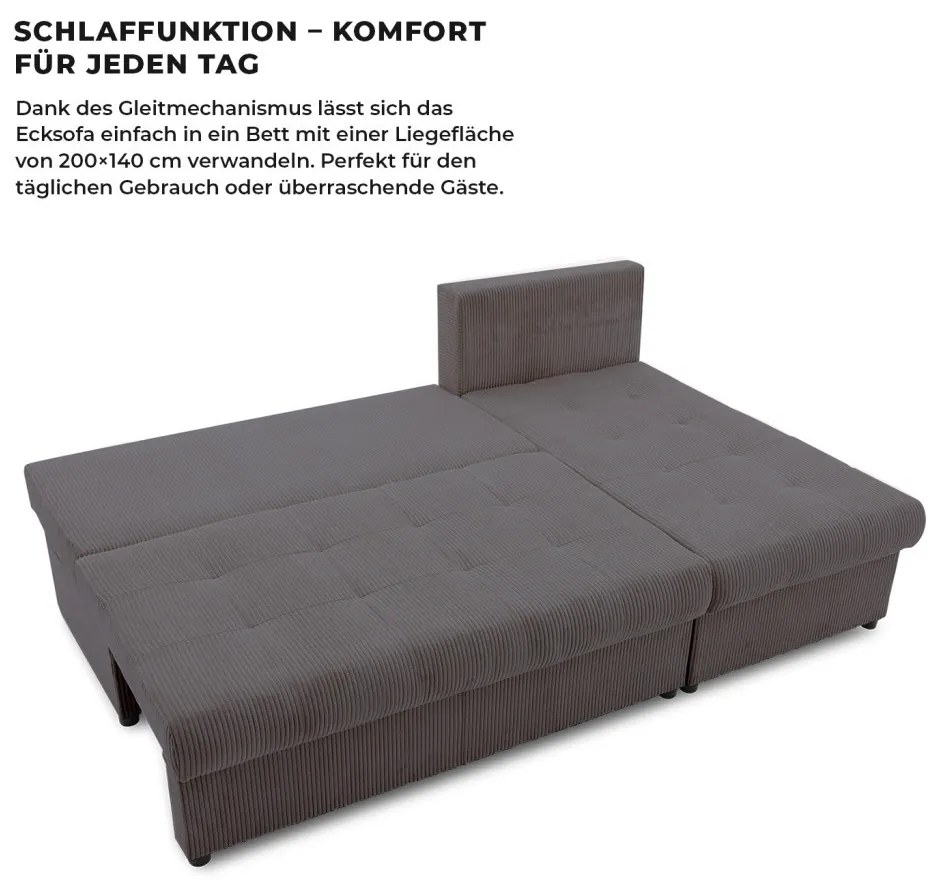 Venezia sarokkanapé, kordbársony, univerzális oldal, hab töltet, szürke