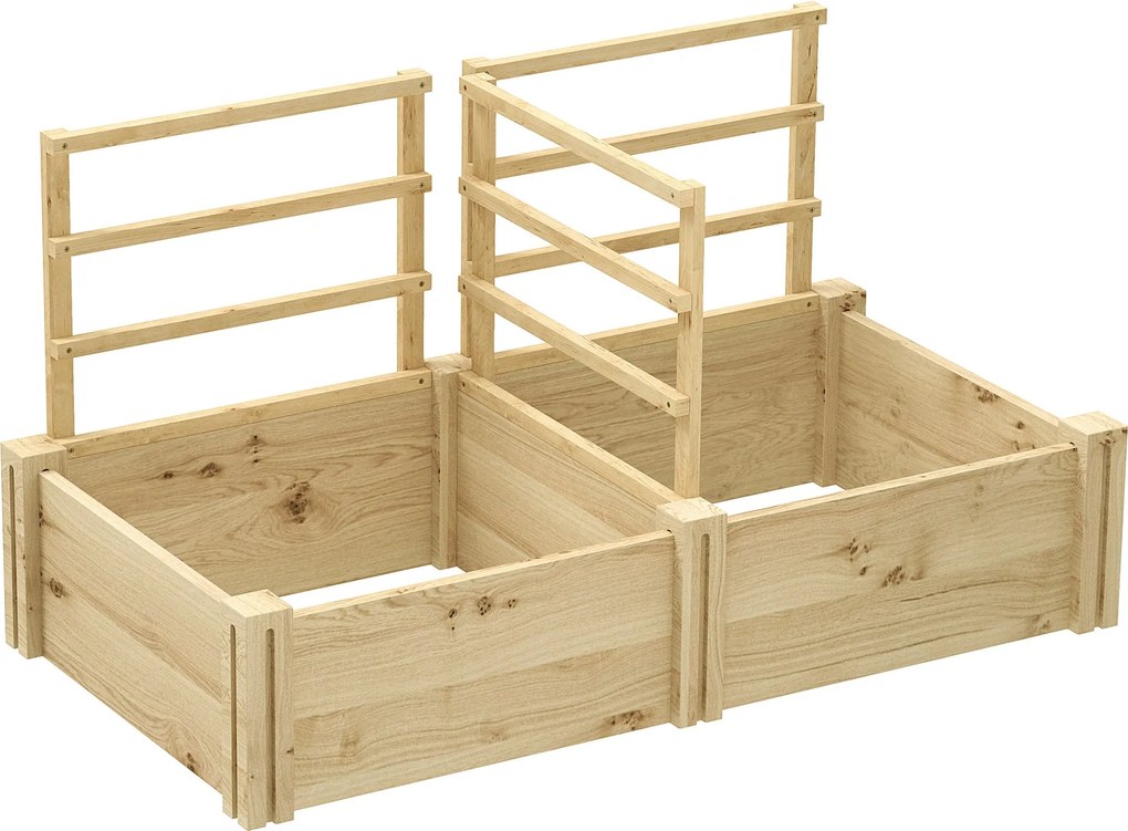 Outsunny Magasított Kerti Ágy 3 Támasszal, Nyitott Aljjal és 2 Virágtartóval, Fából Készült Mini Kert Támasszal Mászó Növényekhez, Erkélyre, 119x62,5x