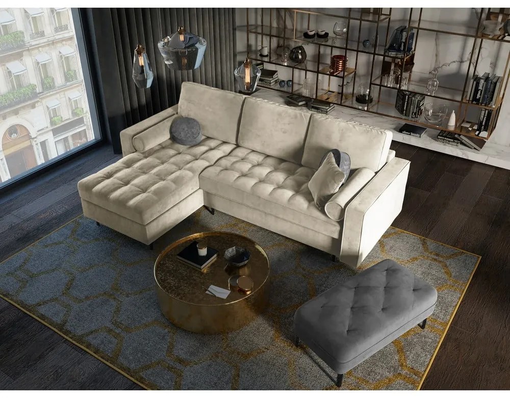 Santo bézs kinyitható bársony sarokkanapé, bal oldali - Milo Casa