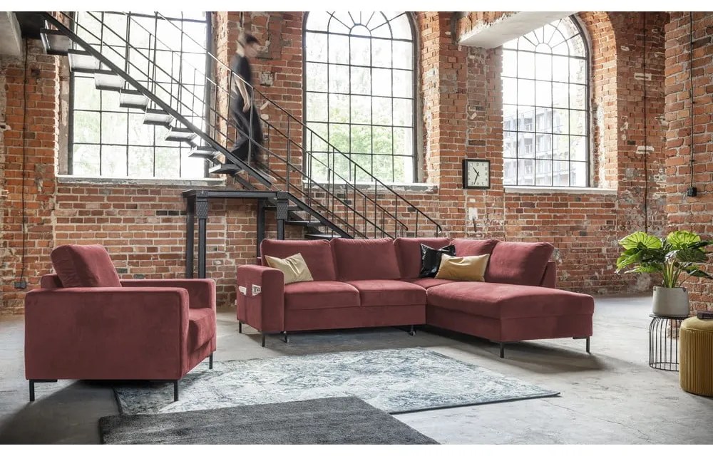 Rózsaszín bársony kinyitható sarokkanapé (jobb oldali) Lofty Lilly – Miuform