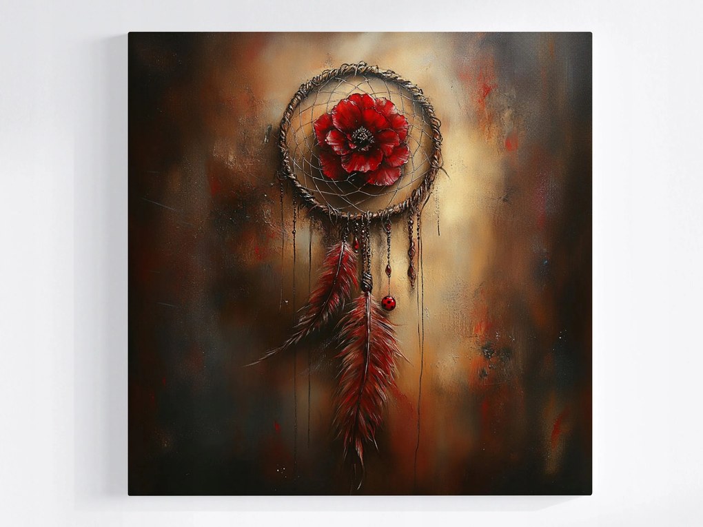 Poszter Álomfogó Piros Virág Toll Boho 40x40