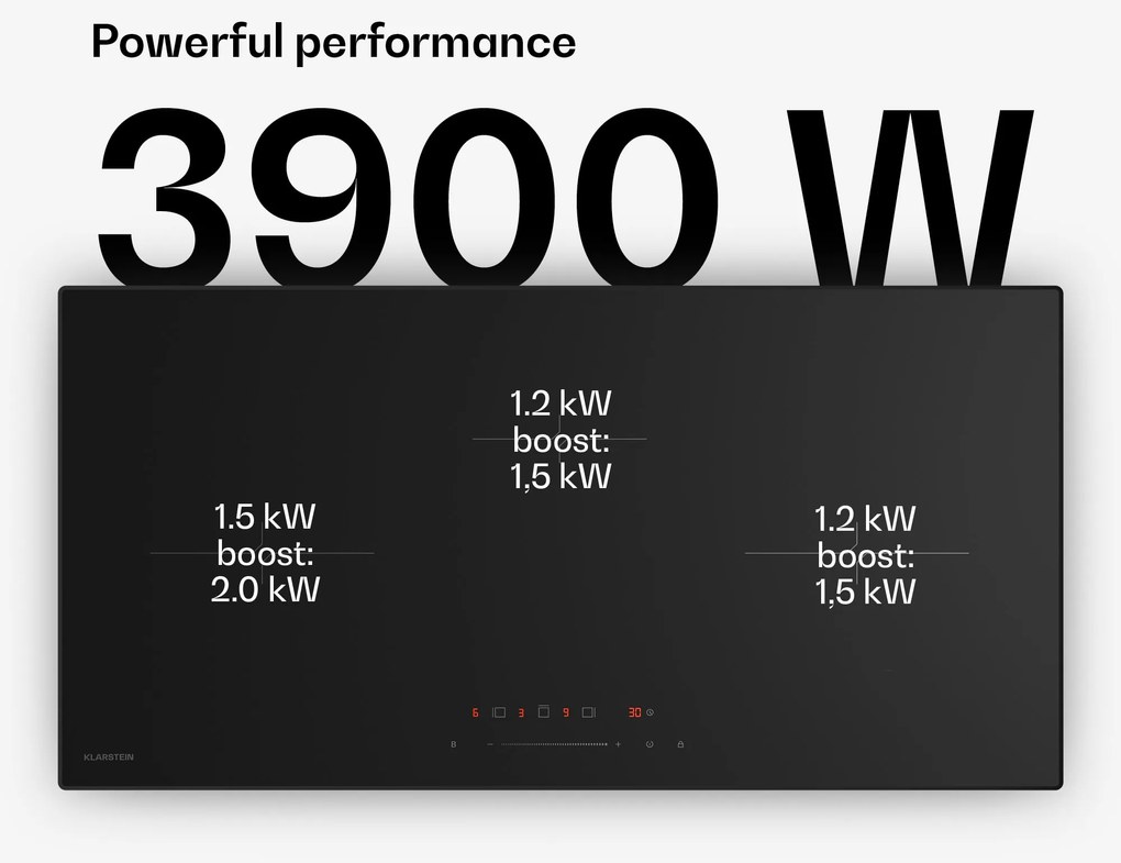 Klarstein Velaire keskeny indukciós főzőlap, elegáns, minimalista, erőteljes, 3 főzőzóna, 5500 W, 80 cm
