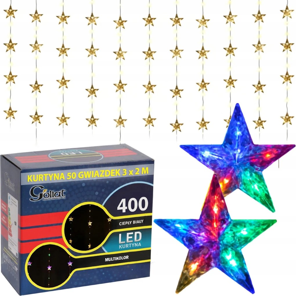Fényfüggöny 3x2m 50 csillag Csillag 400LED karácsonyra többszínű Goliat