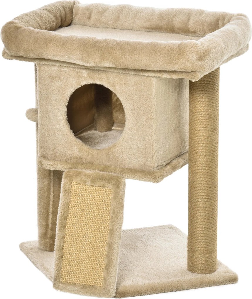 PawHut 57 cm Kisméretű Macska Fa Karomkoptató Valamint Macska Búvóhely, Pihenő Platform, Karomkoptató Deszka, Játék Labda, Macska Bútor 5 kg-ig, Kávé