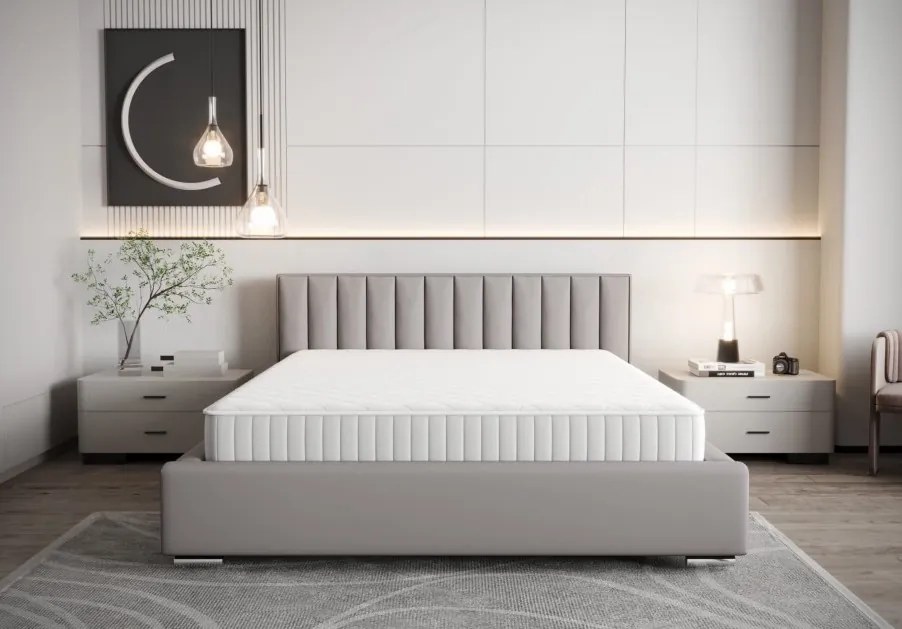 Modern kárpitozott ágy függőleges steppeléssel a fejtámlán, világosszürke színben 180 x 200 cm tárolóhely nélkül