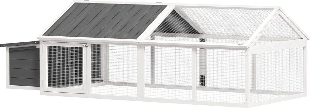 PawHut Kültéri Tyúkól 240x112,5x76 cm Fából Készült Tyúkól Felnyitható Tetővel Rácsos Ajtókkal és Fészekdobozzal Tyúkoknak, Nyulaknak, Kacsáknak Fehér