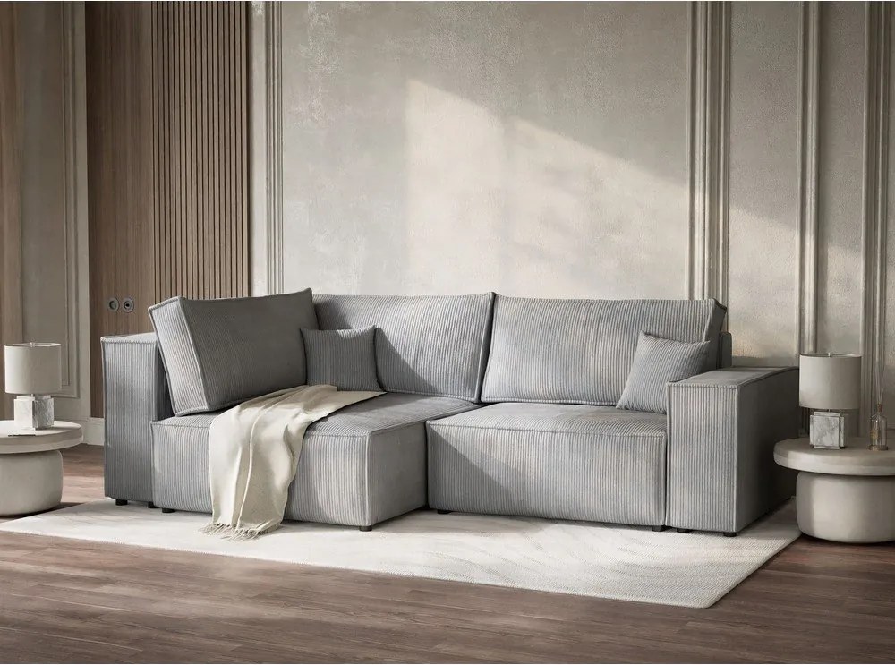 Szürke kordbársony kinyitható-tárolóhelyes sarokkanapé (bal oldali-L alakú) Tonga – Maison de Rêve