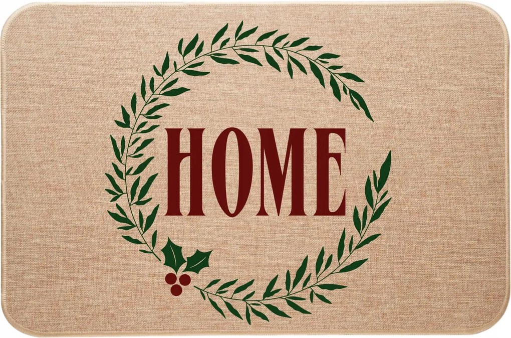 Karácsonyi lenvászon Lábtörlő dekoratív koszorú Home felirattal