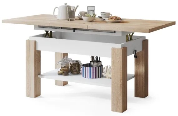 Bővíthető dohányzó/étkezőasztal polccal ADONIS sonoma tölgy/fehér