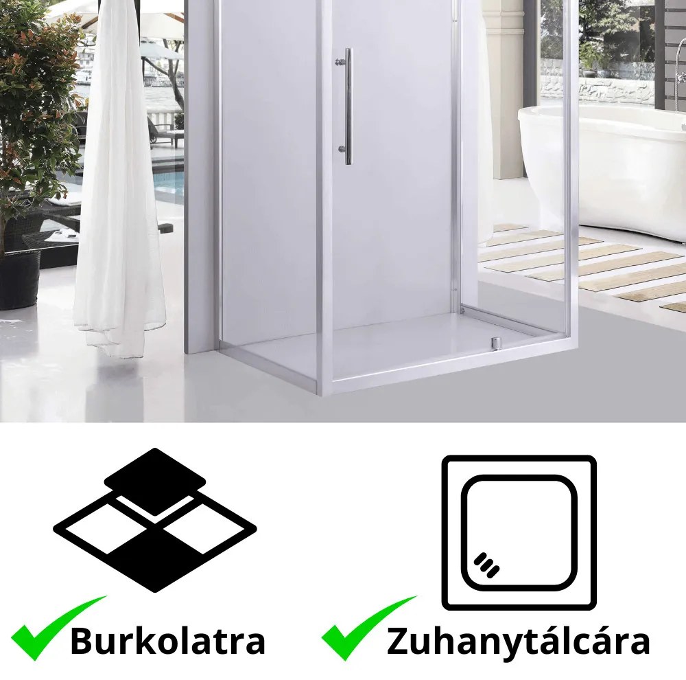 Stuxi Torino 110x100 falsíkra szerelhető 3 oldalú nyílóajtós zuhanykabin 6 mm vízlepergető biztonsági üveggel, króm elemekkel, 200 cm magas