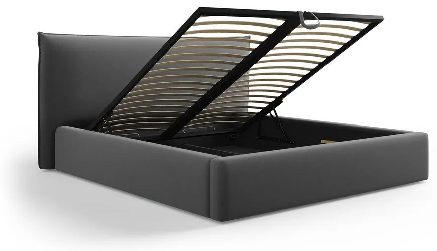 Sötétszürke kárpitozott ágyneműtartós franciaágy ágyráccsal 140x200 cm Elio – Milo Casa