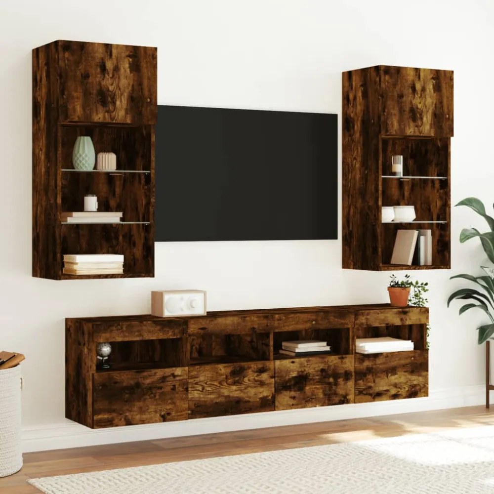 2 db füstös tölgy fali TV-szekrény LED-ekkel 40x30x40 cm