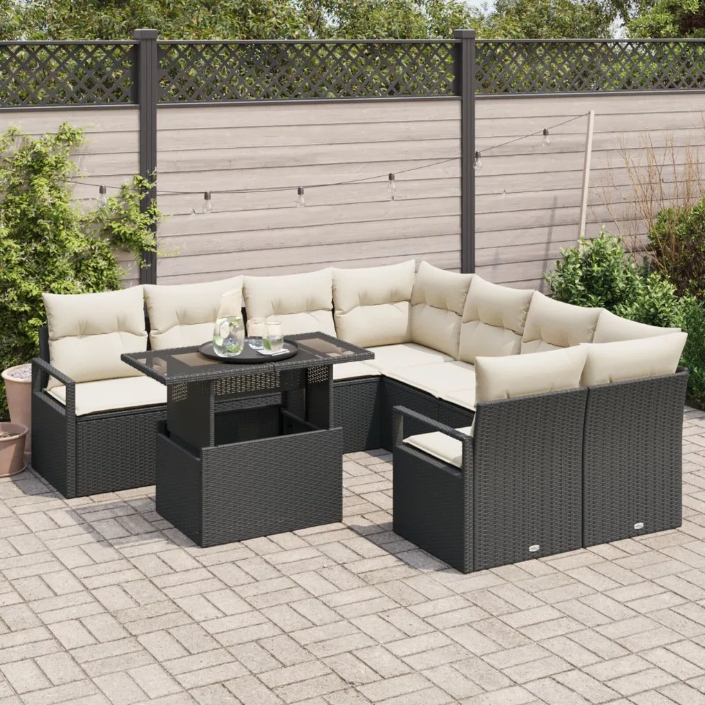 9 darabos Kerti Sofaszett Párnákkal Fekete Poli Rattan, 2 férőhelyes Kerti Sofa Tárolással &amp; Párnákkal Fekete Poli Rattan