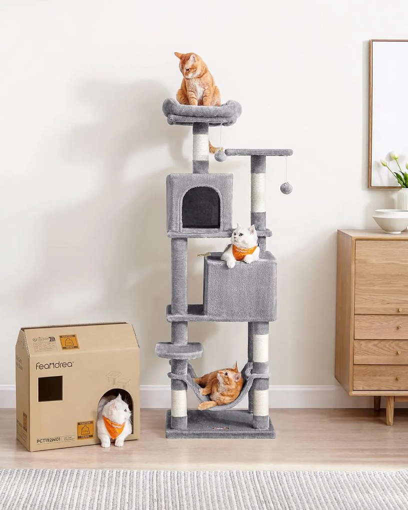 Feandrea macskakaparó torony, 155 cm magas játéktorony 5 kaparóoszloppal szürke színben