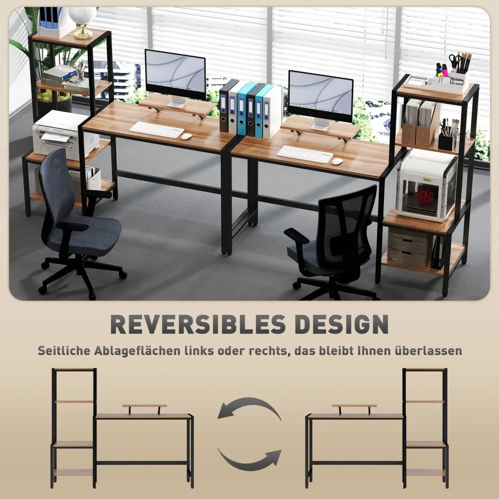 HOMCOM Íróasztal monitorállvánnyal, szintes polccal, Ipari Design, barna