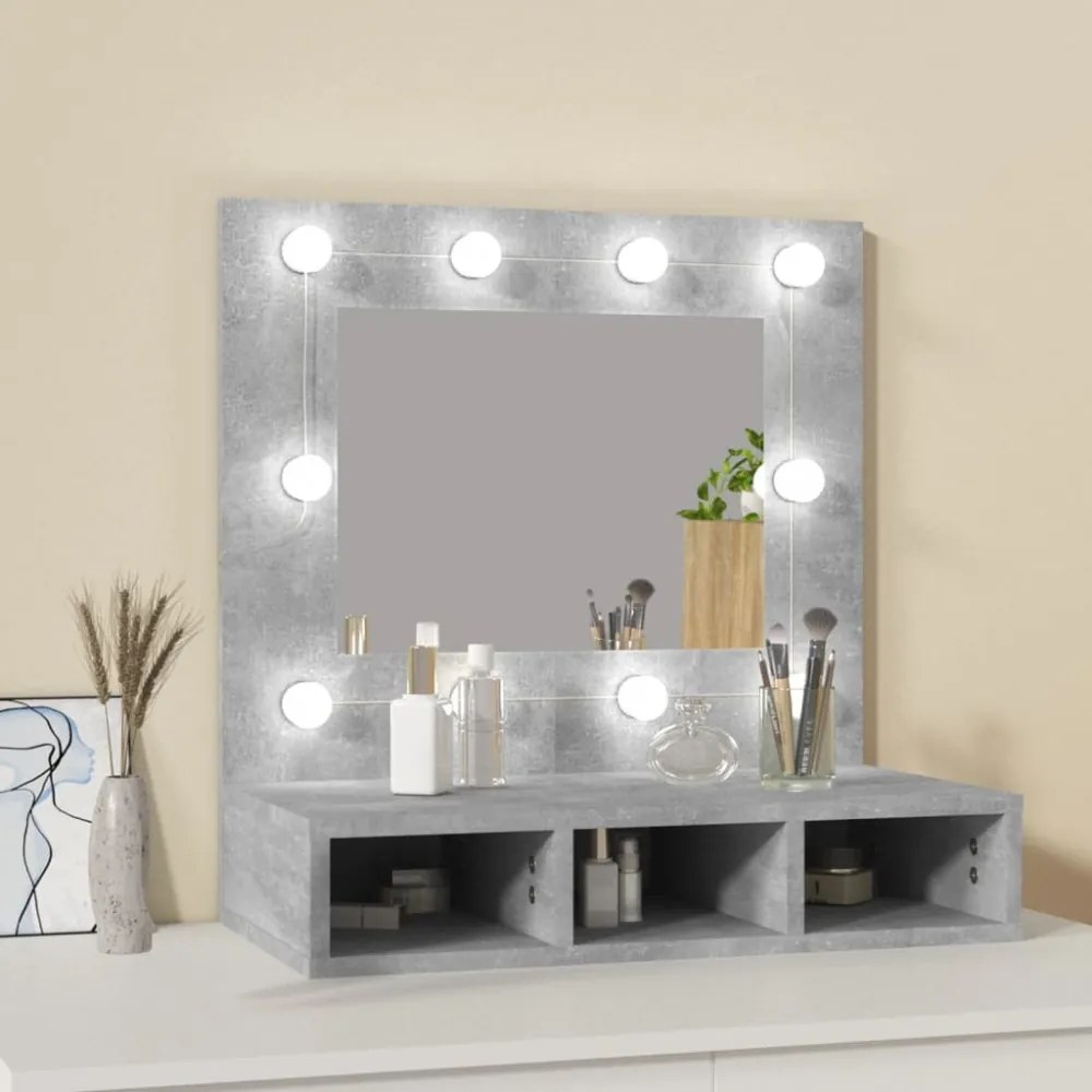 betonszürke tükrös szekrény LED-ekkel 60 x 31,5 x 62 cm