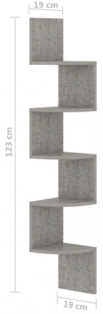betonszürke szerelt fa fali sarokpolc 19 x 19 x 123 cm