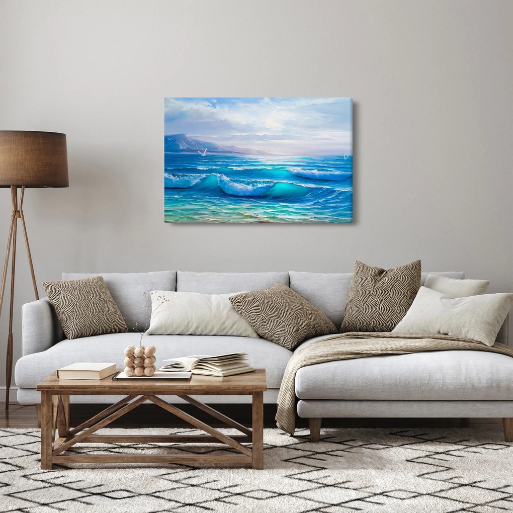 Kép - Olajfestmény a tengerről sirályokkal (90x60 cm)
