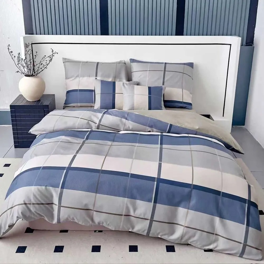 Flanel ágyneműhuzat Homa BELINA BLUE SQUARE 7 részes 140x200 cm