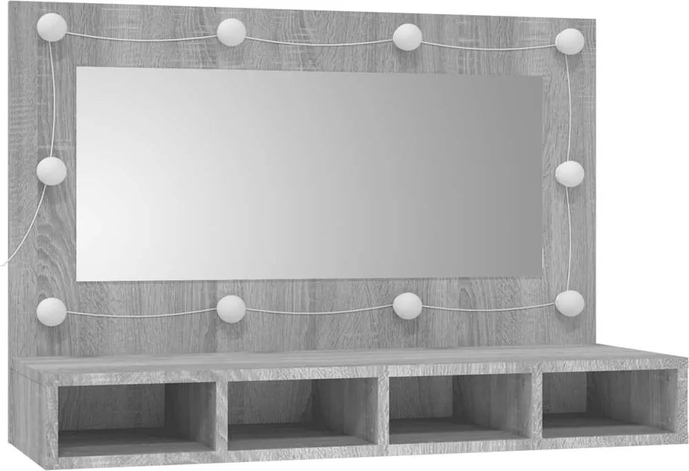 Szürke sonoma színű tükrös szekrény LED-ekkel 90 x 31,5 x 62 cm
