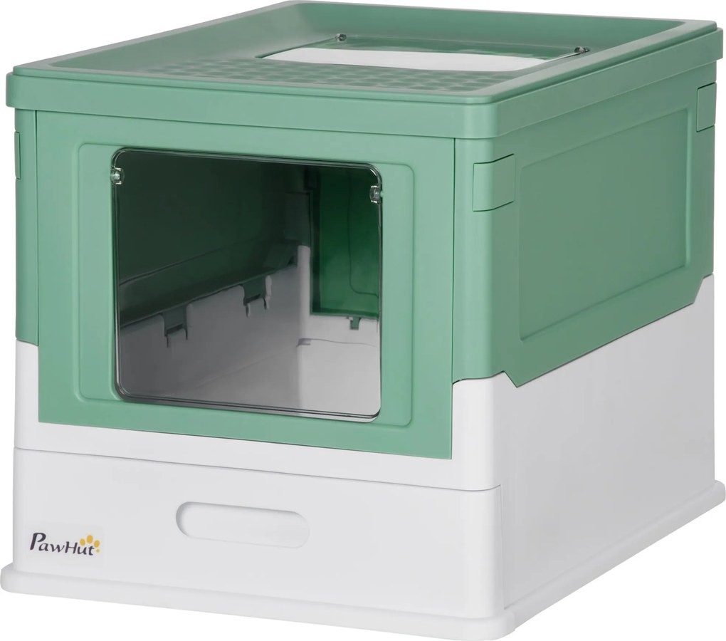 PawHut Zárt Macska WC Kivehető Higiéniai Tálcával, Elülső Bejárattal és Felső Kilépővel, Lapáttal Macskák Számára 5 kg-ig 47,5x35,5x36,7 cm Zöld és Fe
