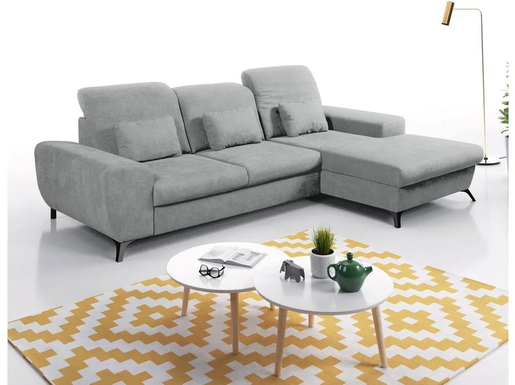 Ággyá nyitható, jobb oldali L-alakú kárpitozott ülőgarnitúra tárolóval ALTA, szürke