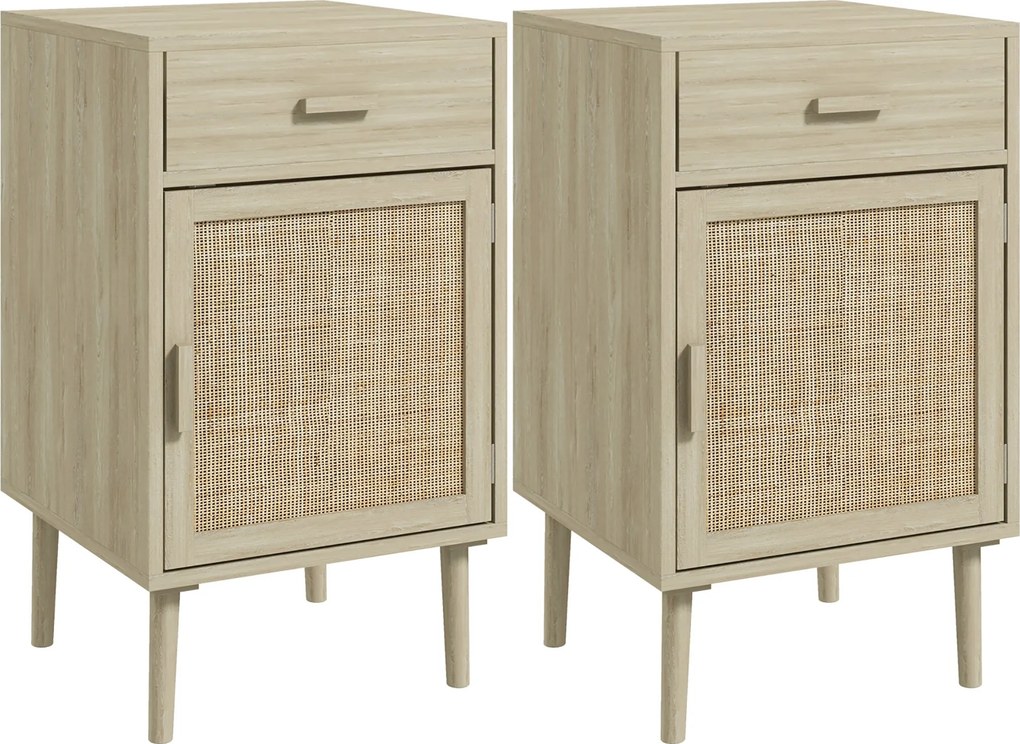 HOMCOM 2 db Éjjeli Székasztal Rácsos Fiókkal és Állítható Polccal a Hálószobába és Nappaliba 40x40x68,5 cm Tölgy | Aosom