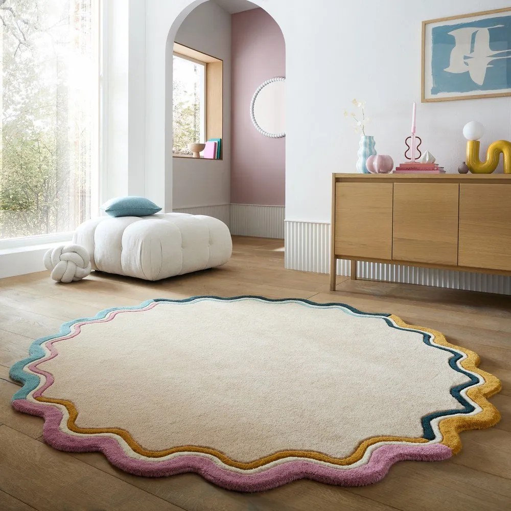 Natúr színű kézi szövésű gyapjú kerek szőnyeg ø 180 cm Leo Scallop – Flair Rugs