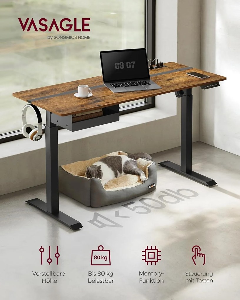 Elektromosan állítható íróasztal beépített aljzatokkal, 2 USB-porttal, fiókkal és 4 memóriahellyel, 140 x 60 x 72–120 cm, vintage barna/fekete