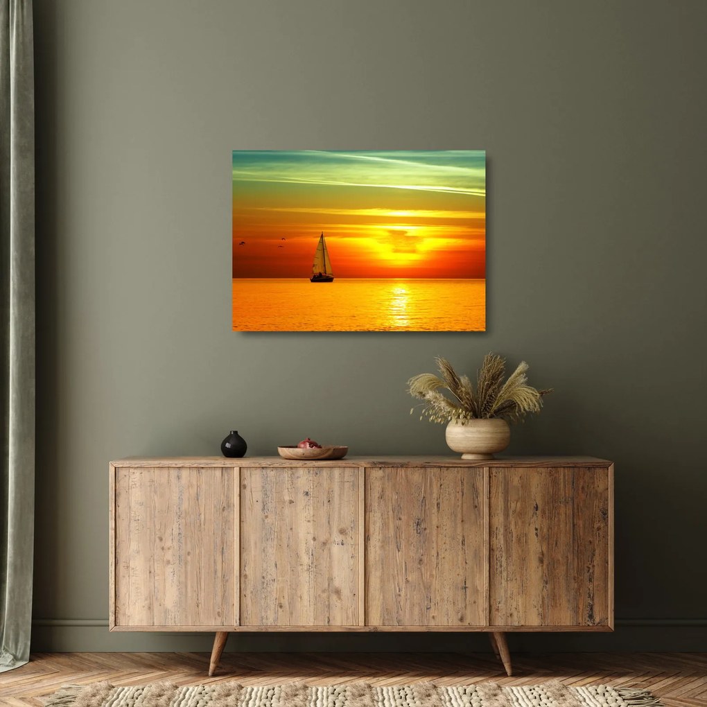 Naplemente egy jachttal képe (üvegen) (70x50 cm)