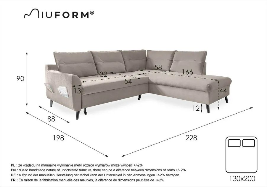 Stylish Stan L világosszürke kinyitható bársony sarokkanapé, jobb oldali - Miuform