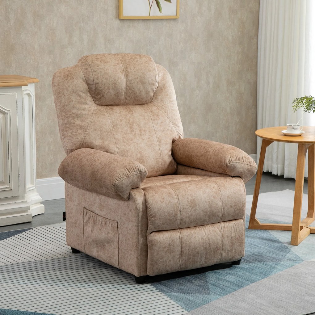HOMCOM Velúr Kárpitozású Manuális Dönthető Pihenőfotel Retractable Lábpihentetővel és Oldalsó Zsebekkel - 88x91x108 cm Beige | Aosom