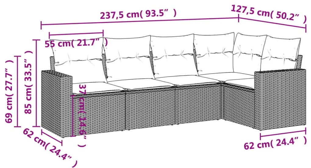 5 részes világosszürke polyrattan kerti ülőgarnitúra párnákkal