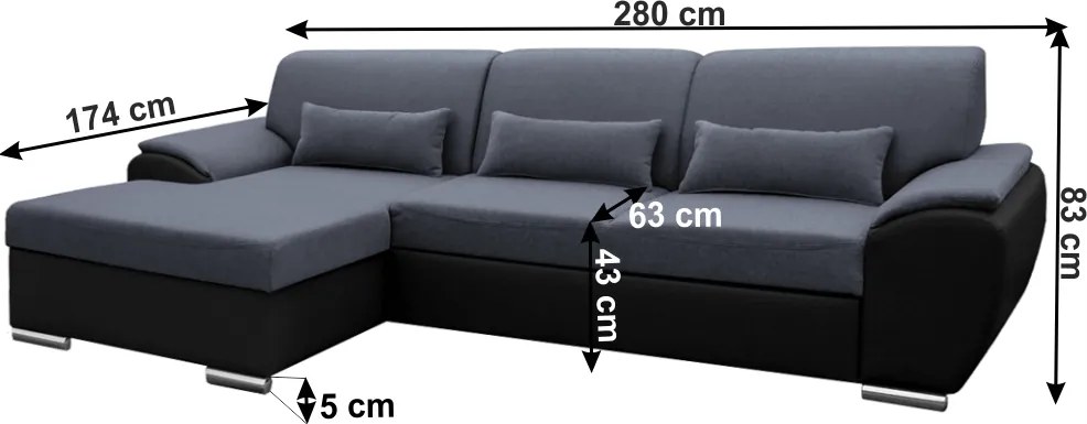 Ülőgarnitúra, fekete/sötét szürke, balos, EMILY