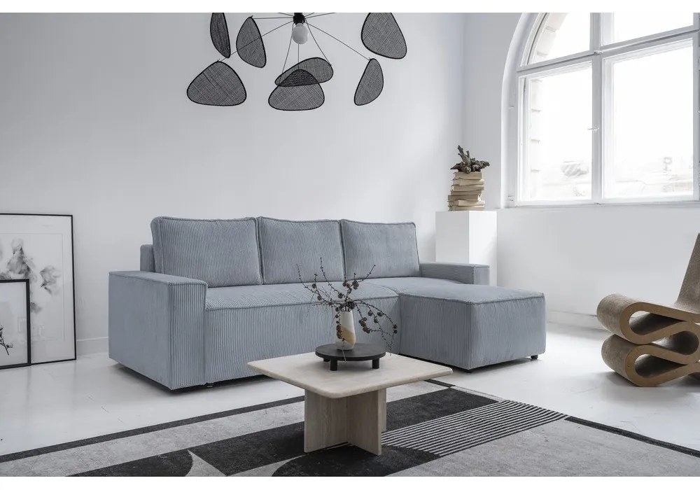 Világosszürke kordbársony kinyitható sarokkanapé (variálható) Brave Dave – Miuform