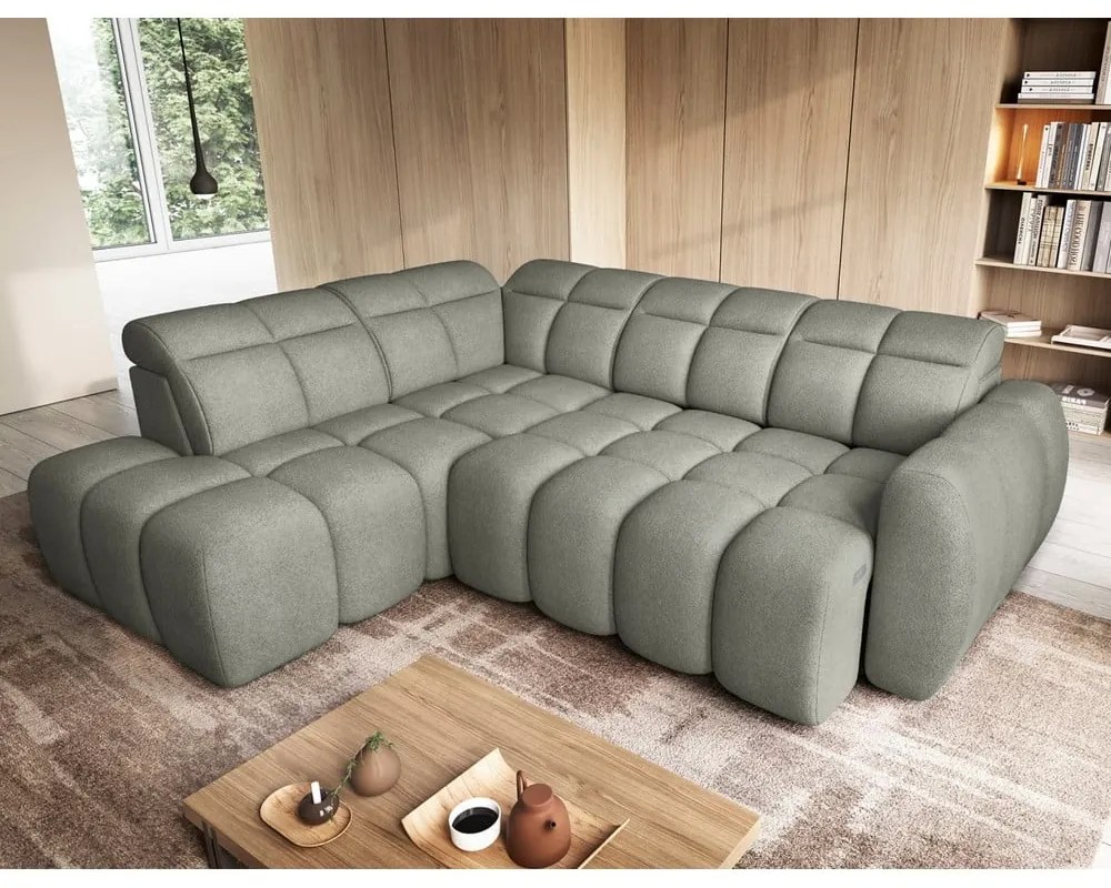 Szürkészöld buklé kinyitható-tárolóhelyes sarokkanapé (bal oldali-L alakú) Falconn – ELTAP