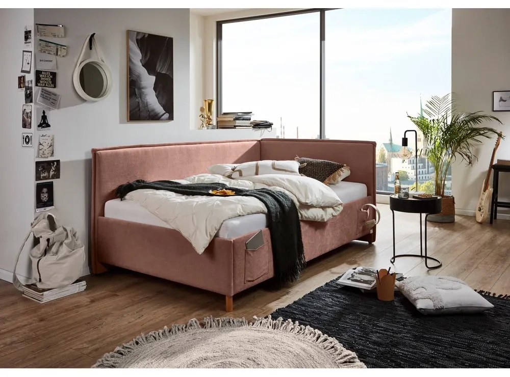 Rózsaszín kárpitozott sarok gyerekágy ágyrács nélkül 120x200 cm Fun – Meise Möbel