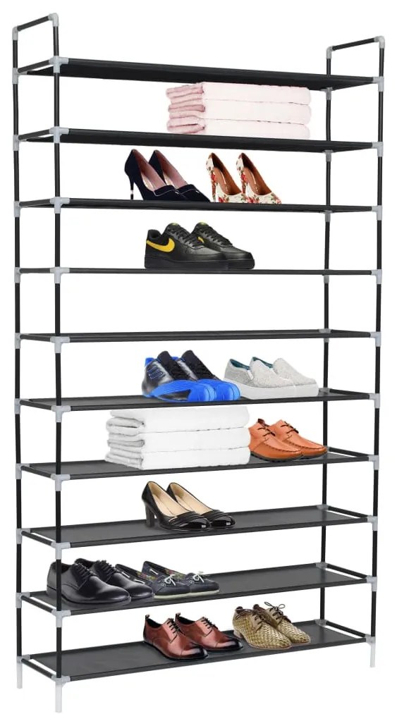 10 polcos fekete fém/nem szőtt kelme cipőtartó