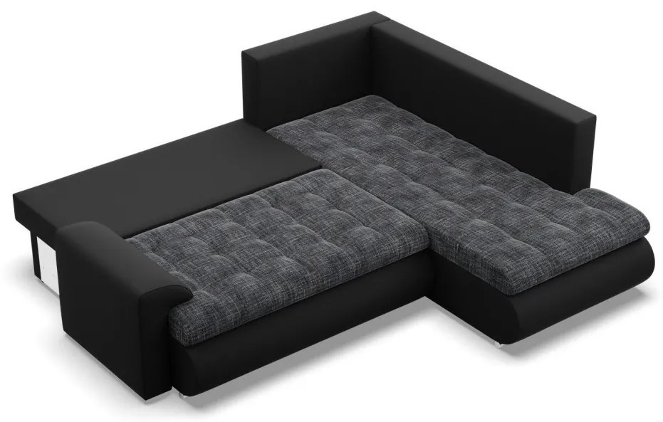 Tokio sarokkanapé, L alakú háttámlával, 2 ágyneműtartóval, fonott + műbőr, jobboldali, szürke - fekete