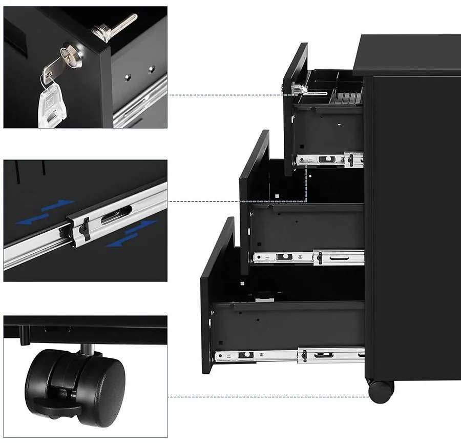 Mobil iratszekrény, zárható guruló konténer 3 fiókkal, matt fekete