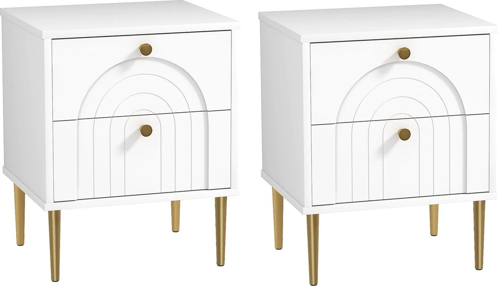 HOMCOM 2 db Éjjeli Szekrény 2 Fiókkal és Acél Lábakkal Modern Stílusban 40x35x50 cm Fehér | Aosom