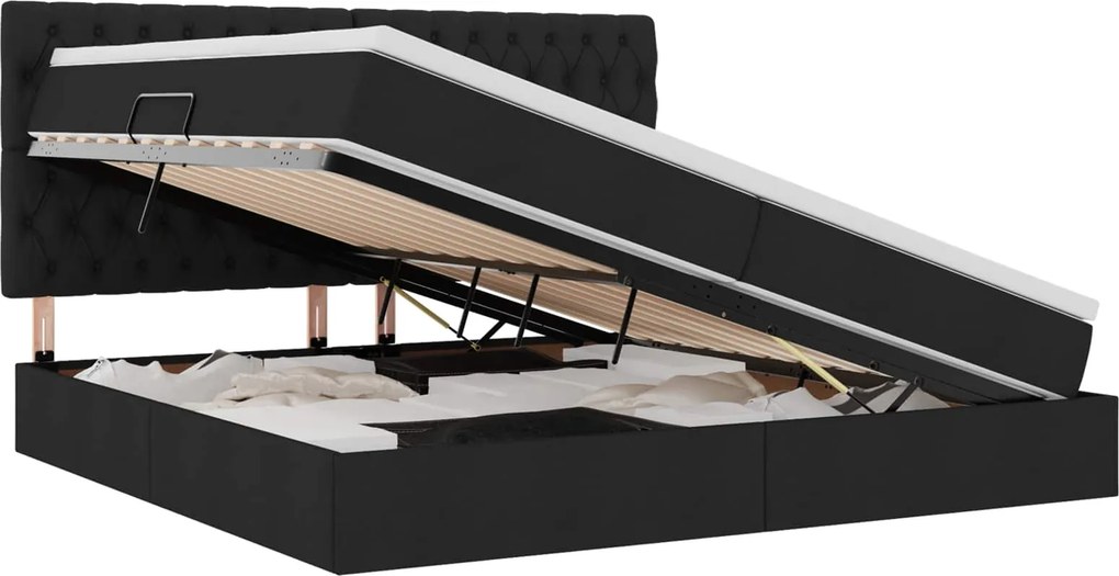 vidaXL Ágy tárolóval és matraccal Fekete 200 x 200 cm Poliészter