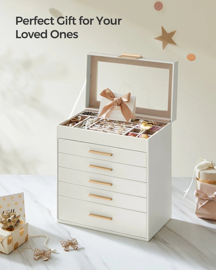 Ékszerdoboz üvegfedéllel, 6 szintes ékszertároló 5 fiókkal, 16,3 x 25,1 x 29 cm, felhőfehér