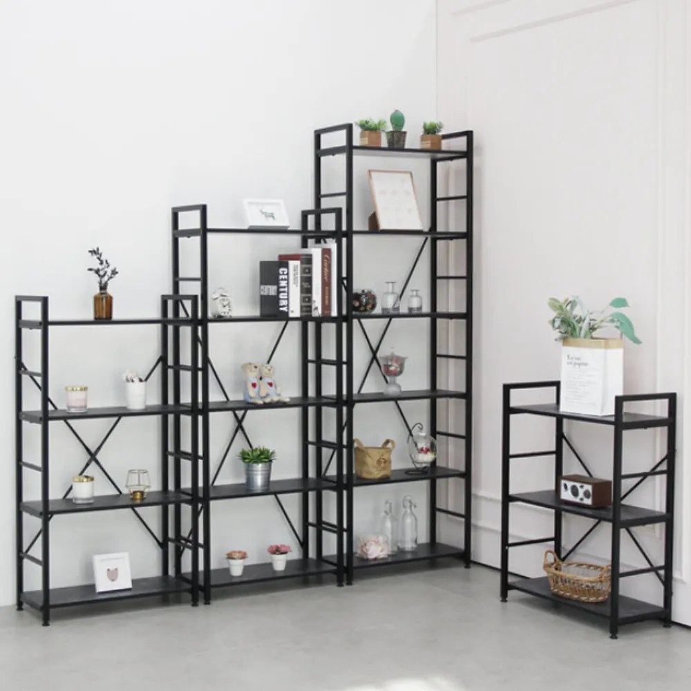 Fekete 4 szintes nyitott könyvespolc, tároló állvány fém lábakkal - 59x112cm Intenso